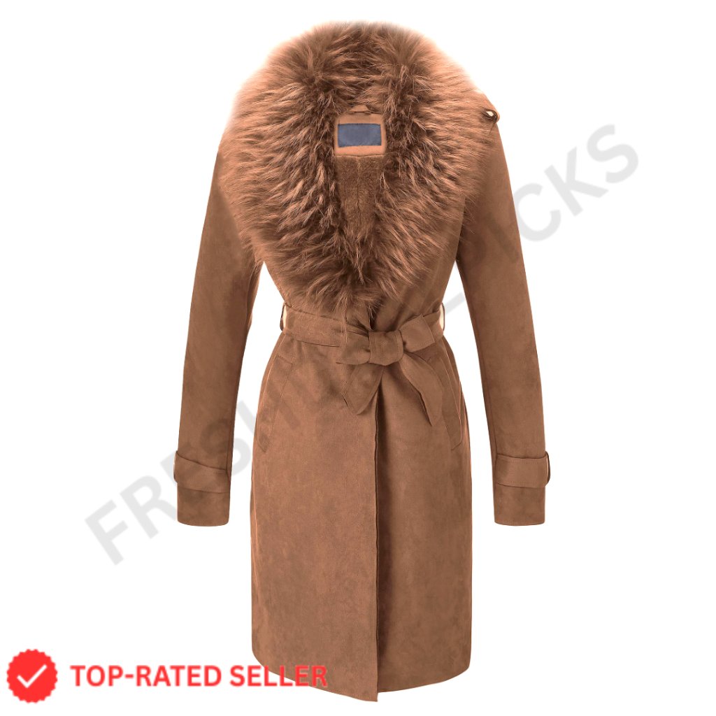 Faux Leather Trench Coat Fleece Lined Mid Length Detachable Fur Collar